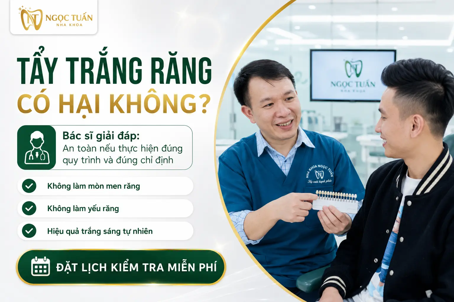 Bác sĩ Nha khoa Ngọc Tuấn tư vấn tẩy trắng răng an toàn giúp răng trắng sáng tự nhiên không làm hại men răng.