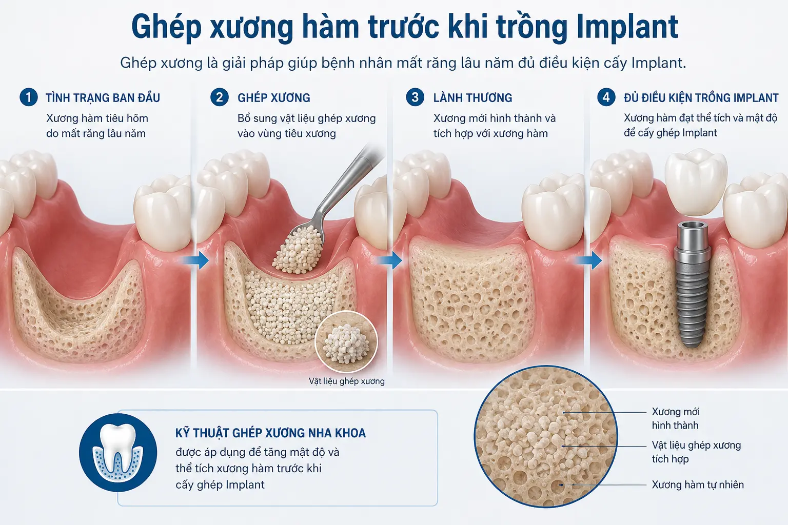Kỹ thuật ghép xương hàm trước khi trồng Implant giúp tăng thể tích và mật độ xương, tạo nền tảng vững chắc cho quá trình cấy ghép Implant.