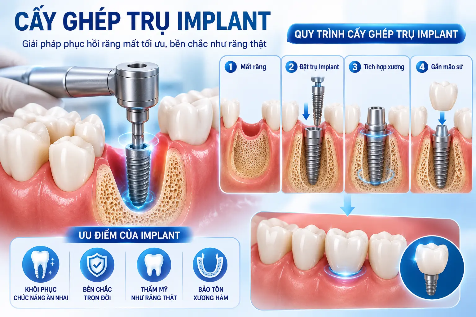 Bác sĩ thực hiện cấy ghép trụ Implant vào xương hàm bằng công nghệ hiện đại, giúp thay thế chân răng đã mất và phục hồi chức năng ăn nhai.
