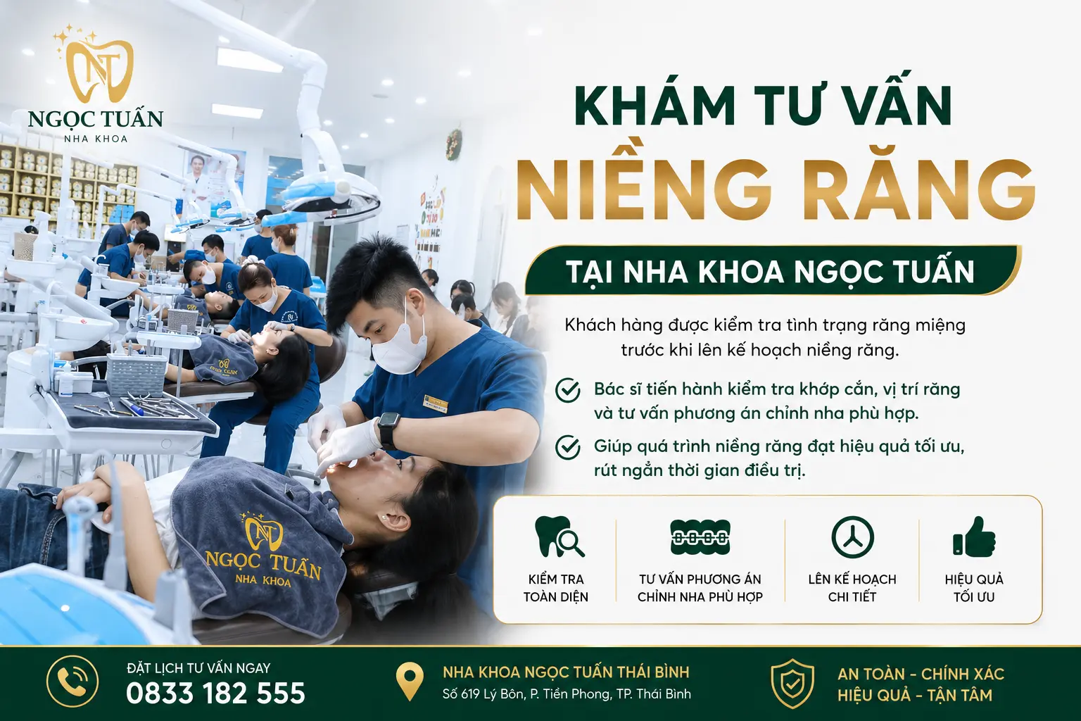 Hình ảnh khách hàng được khám tư vấn niềng răng tại Nha khoa Ngọc Tuấn Thái Bình, bác sĩ kiểm tra tình trạng răng miệng và xây dựng kế hoạch chỉnh nha phù hợp, an toàn và hiệu quả.