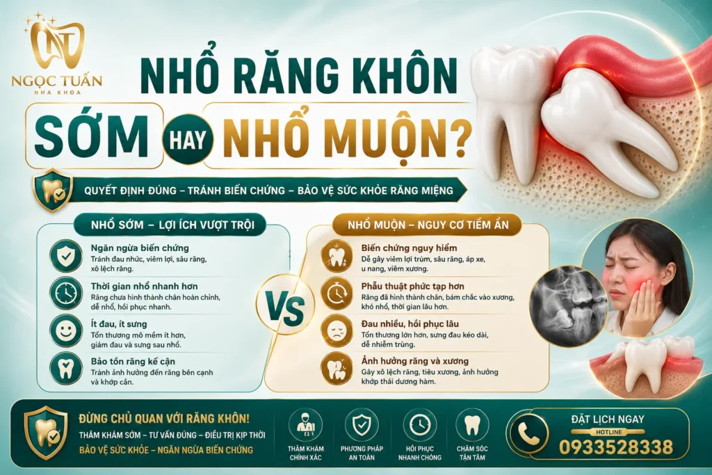 Banner giải đáp nên nhổ răng khôn sớm hay muộn để giảm đau, hạn chế biến chứng và bảo vệ răng kế cận.