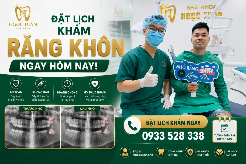 Banner đặt lịch khám răng khôn tại Nha khoa Ngọc Tuấn, bác sĩ thăm khám trực tiếp, tư vấn và lên kế hoạch điều trị phù hợp.