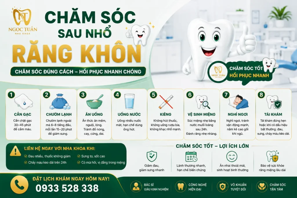 Banner hướng dẫn chăm sóc sau nhổ răng khôn giúp giảm sưng đau, nhanh lành thương và phòng tránh nhiễm trùng.