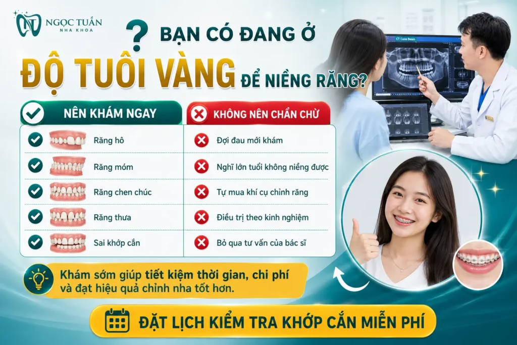 Dấu hiệu nên khám chỉnh nha và xác định độ tuổi vàng để niềng răng tại Nha khoa Ngọc Tuấn Thái Bình.