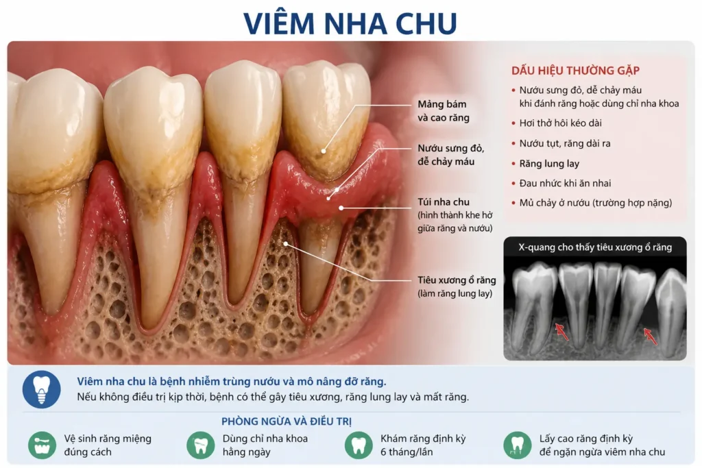 Hình ảnh viêm nha chu với các dấu hiệu như nướu sưng đỏ, chảy máu, cao răng, tụt nướu và tiêu xương ổ răng. Minh họa nguyên nhân và biến chứng của bệnh viêm nha chu nếu không điều trị kịp thời.