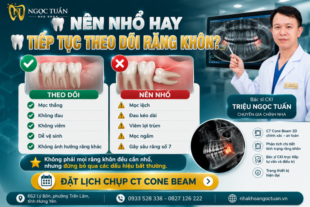 So sánh trường hợp nên nhổ và nên theo dõi răng khôn giúp người bệnh nhận biết thời điểm điều trị phù hợp.