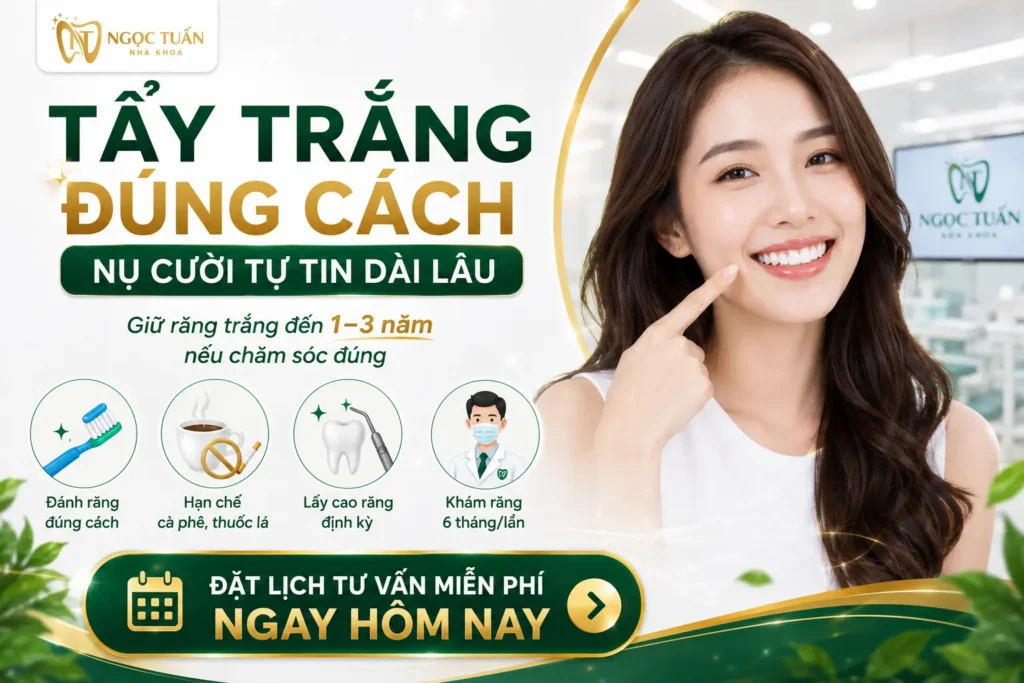 Hướng dẫn chăm sóc sau tẩy trắng răng giúp duy trì màu răng trắng sáng từ 1 đến 3 năm.