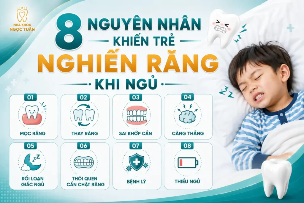 Vì sao trẻ hay nghiến răng khi ngủ? Trẻ có thể nghiến răng do mọc răng, thay răng, sai khớp cắn, căng thẳng hoặc rối loạn giấc ngủ. Tìm hiểu nguyên nhân để có hướng chăm sóc phù hợp.
