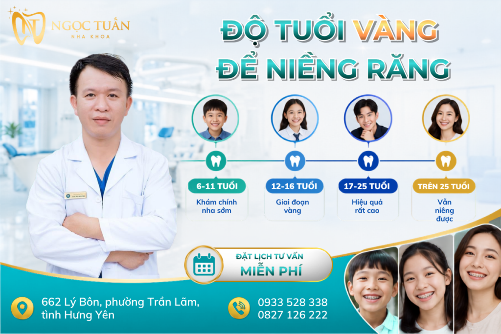 Độ tuổi vàng để niềng răng là từ 12–16 tuổi, tuy nhiên trẻ từ 6 tuổi nên được khám chỉnh nha sớm và người trưởng thành trên 25 tuổi vẫn có thể niềng răng hiệu quả. Tư vấn cùng bác sĩ CKI Triệu Ngọc Tuấn tại Nha khoa Ngọc Tuấn.