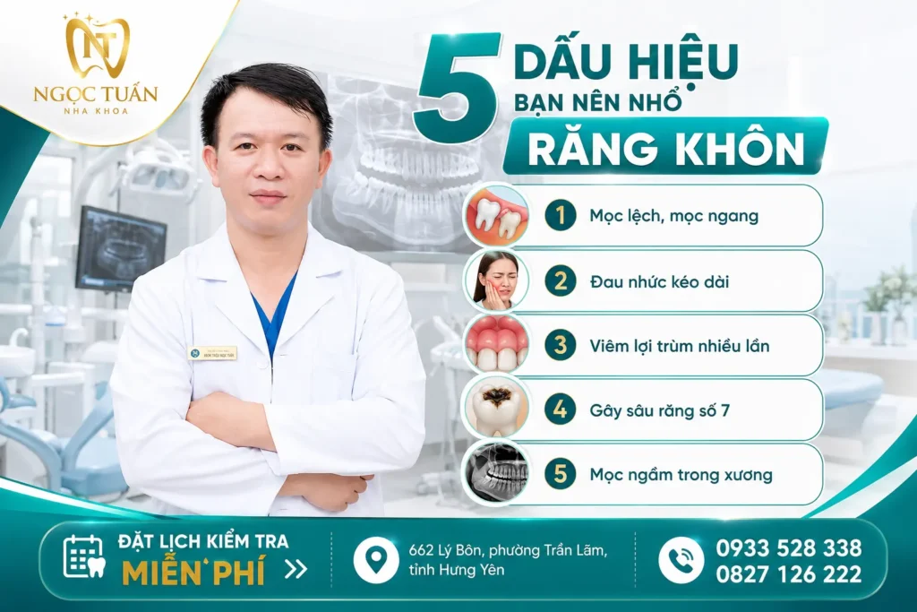 5 dấu hiệu nhận biết cần nhổ răng khôn như mọc lệch, mọc ngầm, viêm lợi trùm, đau kéo dài và sâu răng. Khám và tư vấn tại Nha khoa Ngọc Tuấn.