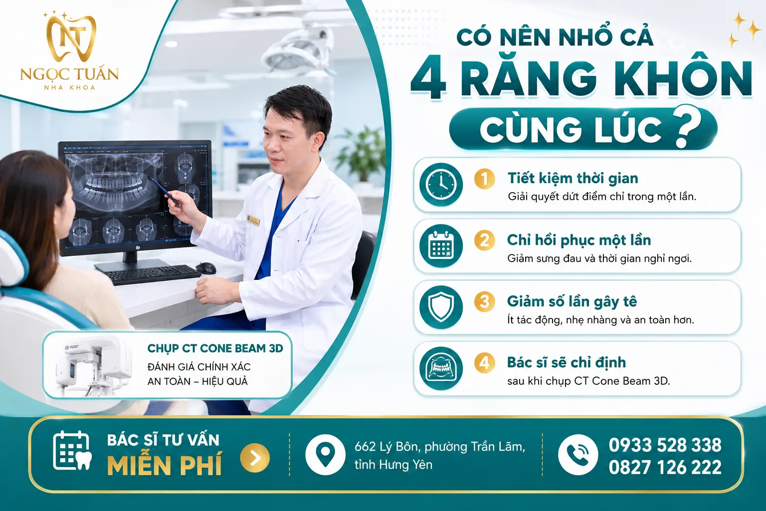 Giải đáp có nên nhổ cả 4 răng khôn cùng lúc, những lợi ích, trường hợp phù hợp và lưu ý trước khi thực hiện tại Nha khoa Ngọc Tuấn.