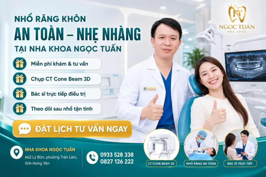 Đặt lịch nhổ răng khôn an toàn tại Nha khoa Ngọc Tuấn. Miễn phí khám và tư vấn, chụp CT Cone Beam 3D, bác sĩ trực tiếp điều trị.