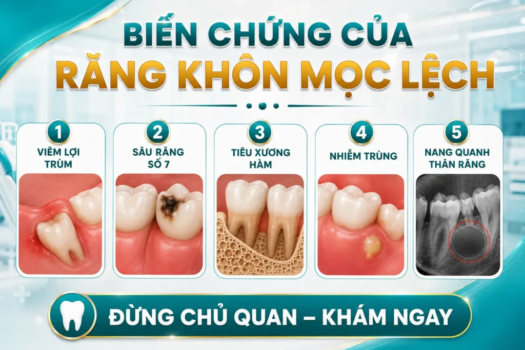 Biến chứng thường gặp khi răng khôn mọc lệch.