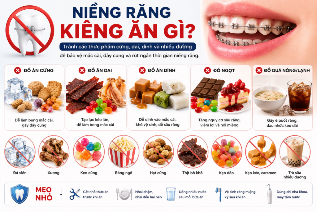 Niềng răng kiêng ăn gì? Hạn chế thực phẩm cứng, dai, dính và nhiều đường để tránh bong mắc cài