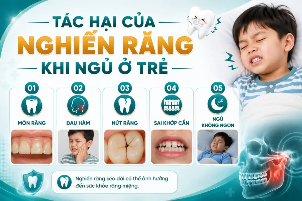 Nghiến răng khi ngủ kéo dài có thể khiến trẻ mòn răng, đau hàm, ảnh hưởng khớp cắn và chất lượng giấc ngủ. Cha mẹ không nên chủ quan khi tình trạng này xảy ra thường xuyên.