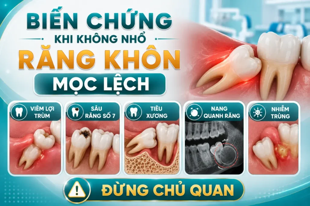 Răng khôn mọc lệch hoặc mọc ngầm dù chưa đau vẫn có thể gây viêm lợi trùm, sâu răng số 7, tiêu xương và nhiều biến chứng khác nếu không điều trị kịp thời.