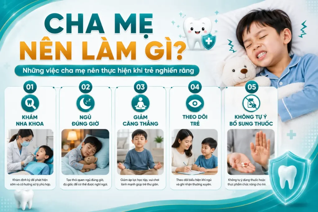 Cha mẹ nên đưa trẻ đi khám nha khoa nếu trẻ nghiến răng kéo dài, mòn răng, đau hàm hoặc có dấu hiệu sai khớp cắn. Khám sớm giúp xác định nguyên nhân và điều trị hiệu quả.