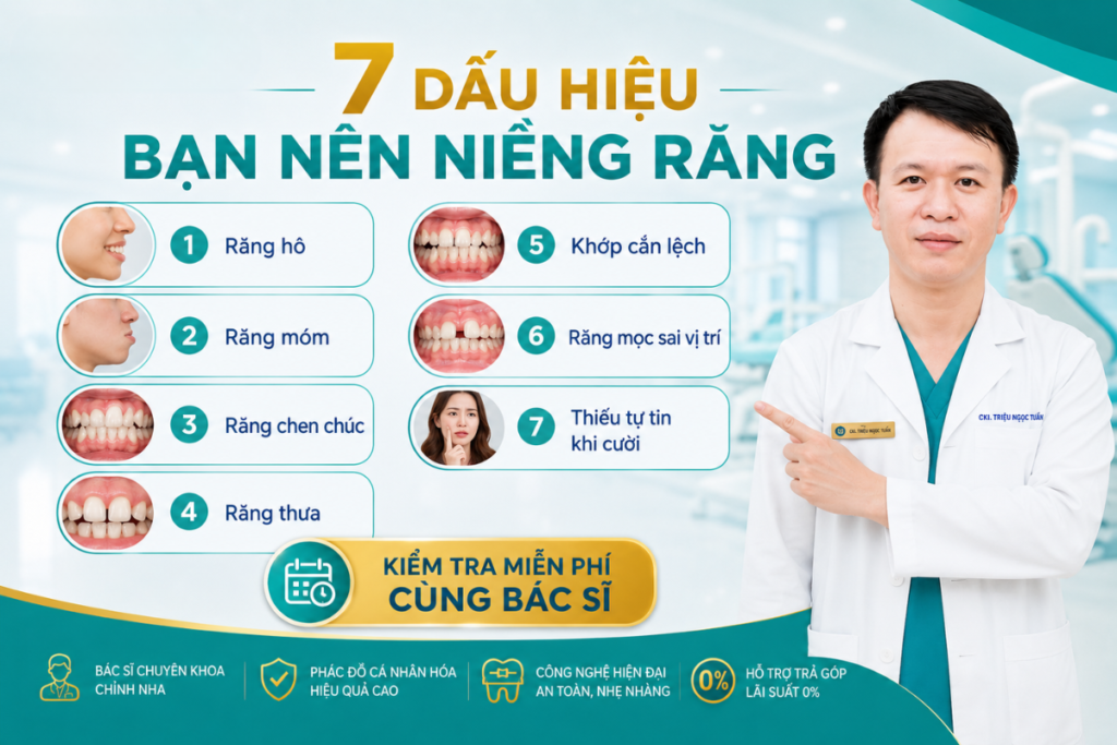 Nhận biết 7 dấu hiệu cho thấy bạn nên niềng răng để cải thiện thẩm mỹ, khớp cắn và chức năng ăn nhai. Tư vấn cùng Bác sĩ CKI Triệu Ngọc Tuấn tại Nha khoa Ngọc Tuấn.