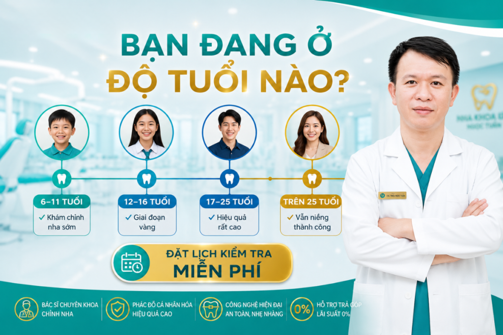 Bạn đang ở độ tuổi nào để niềng răng? Khám phá thời điểm vàng chỉnh nha từ 6 tuổi đến người trưởng thành cùng Bác sĩ CKI Triệu Ngọc Tuấn tại Nha khoa Ngọc Tuấn.