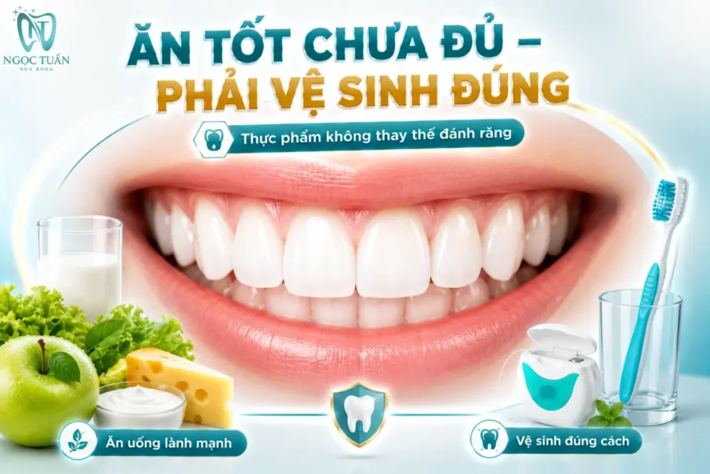 Thực phẩm tốt cho răng không thể thay thế đánh răng bằng kem fluoride và làm sạch kẽ răng hằng ngày.