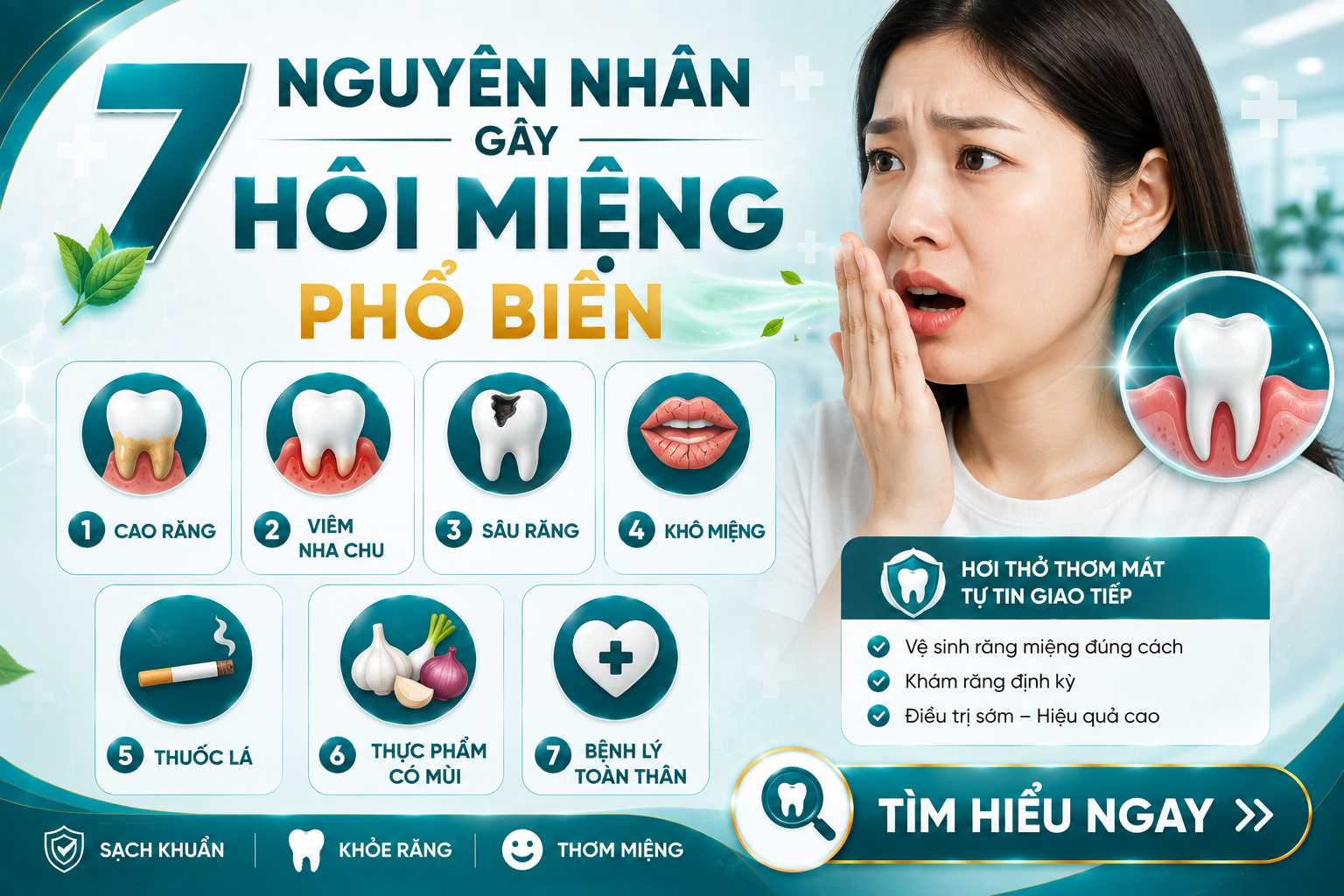 Hơi thở có mùi do đâu? Tìm hiểu 7 nguyên nhân phổ biến gây hôi miệng và cách nhận biết sớm để điều trị hiệu quả.