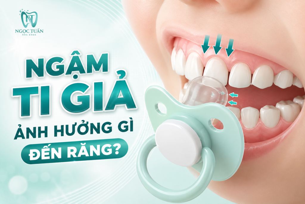 Ngậm ti giả ảnh hưởng gì? Thói quen kéo dài có thể liên quan đến răng cửa chìa, khớp cắn hở và những thay đổi về sự phát triển răng – hàm của trẻ.