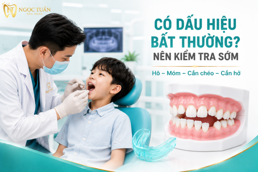 Trẻ có dấu hiệu hô, móm, cắn chéo hoặc cắn hở nên được kiểm tra răng và khớp cắn để xác định thời điểm can thiệp phù hợp.