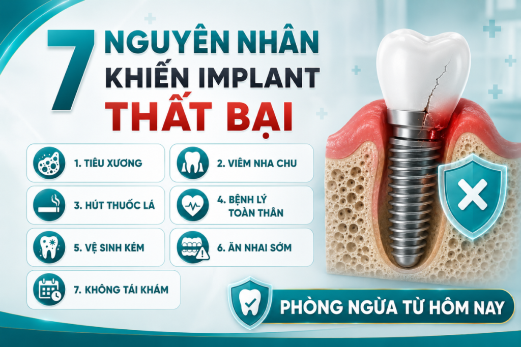 Những nguyên nhân phổ biến khiến Implant không tích hợp với xương hoặc thất bại sau cấy ghép.