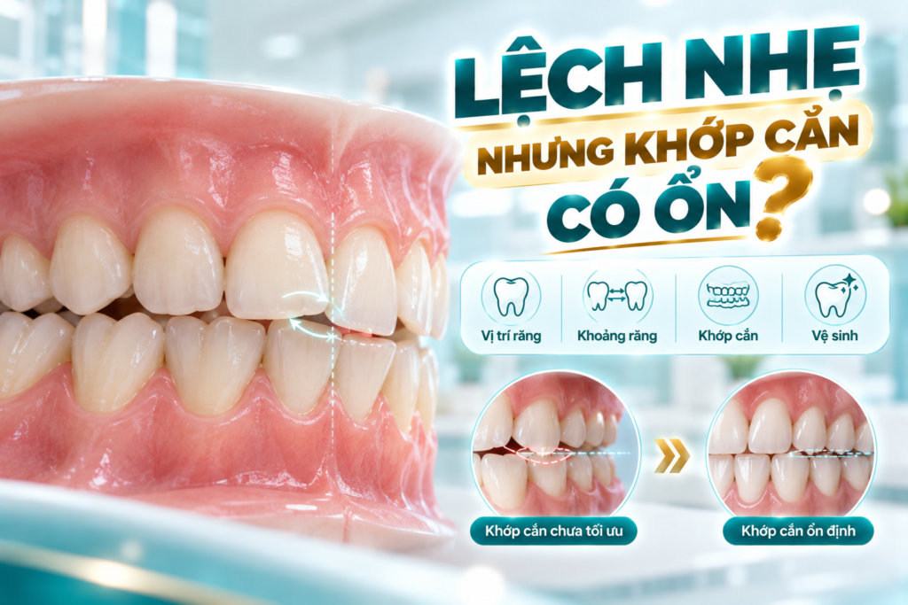 Răng lệch nhẹ cần được đánh giá cùng với khớp cắn và khoảng trên cung hàm.