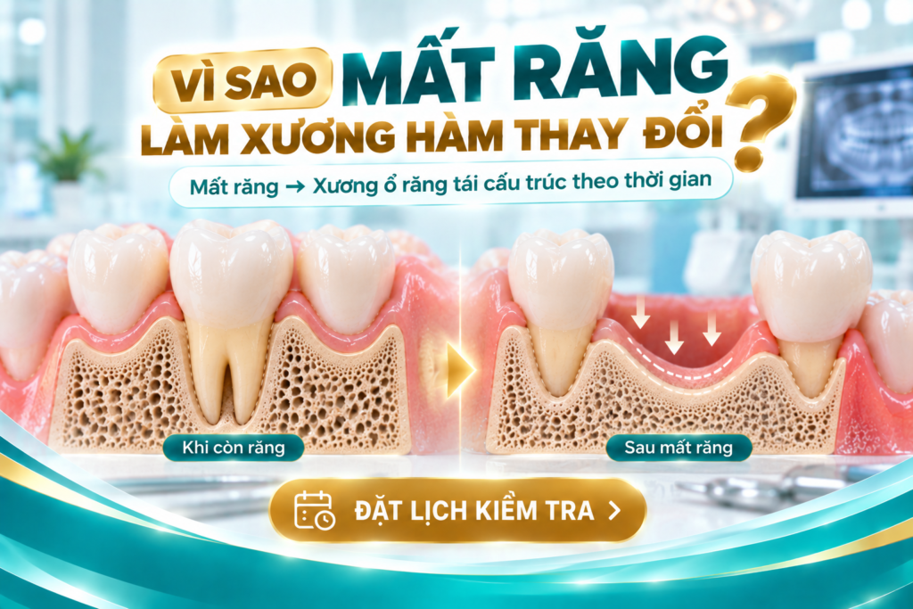 Minh họa quá trình thay đổi của xương ổ răng sau mất răng.