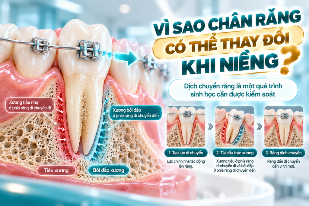 Minh họa quá trình sinh học của mô quanh răng khi răng được dịch chuyển trong chỉnh nha.