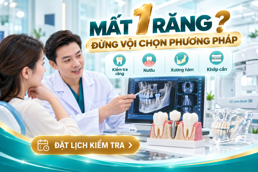 Khuyến nghị kiểm tra toàn diện trước khi lựa chọn phương pháp phục hồi một răng đã mất.