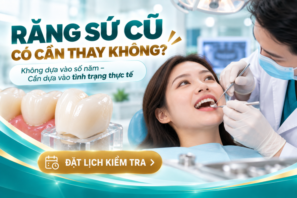 Giải thích việc thay răng sứ cũ cần dựa trên tình trạng phục hình, răng thật và nướu thay vì chỉ dựa vào thời gian.