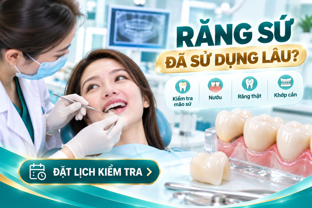 Kiểm tra răng sứ đã sử dụng lâu để đánh giá mão sứ, răng thật, nướu và chức năng ăn nhai.