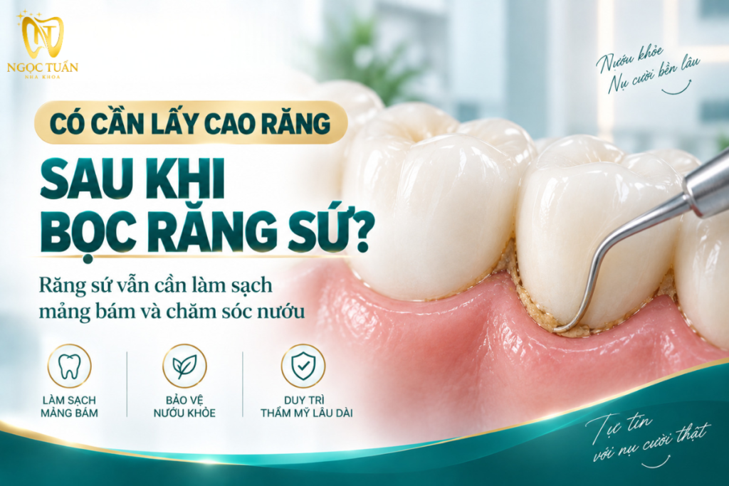 Minh họa việc kiểm tra và lấy cao răng sau khi bọc răng sứ nhằm duy trì sức khỏe nướu và phục hình.