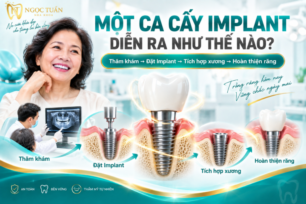 Một ca cấy Implant thường trải qua thăm khám, đánh giá xương, đặt trụ, theo dõi tích hợp xương và hoàn thiện phục hình.