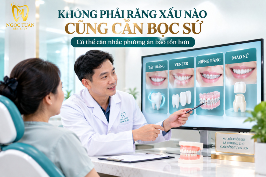 Răng chưa đẹp không đồng nghĩa luôn phải bọc sứ; một số trường hợp có thể phù hợp với tẩy trắng, veneer hoặc chỉnh nha.