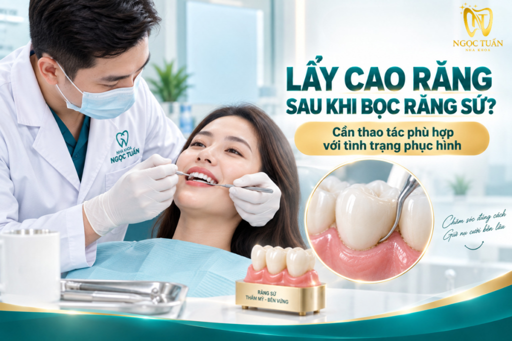 Minh họa việc làm sạch cao răng quanh mão sứ bằng phương pháp phù hợp.