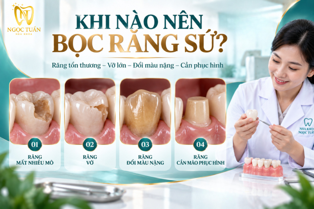 Một số trường hợp có thể cân nhắc bọc răng sứ gồm răng tổn thương lớn, vỡ, đổi màu nặng hoặc cần phục hình bao phủ.