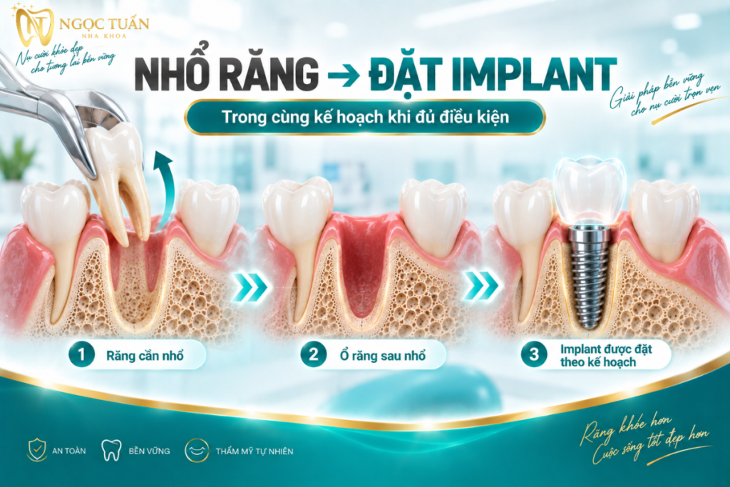 Quy trình cấy Implant tức thì có thể gồm nhổ răng, đánh giá ổ răng và đặt Implant theo vị trí đã được lập kế hoạch.