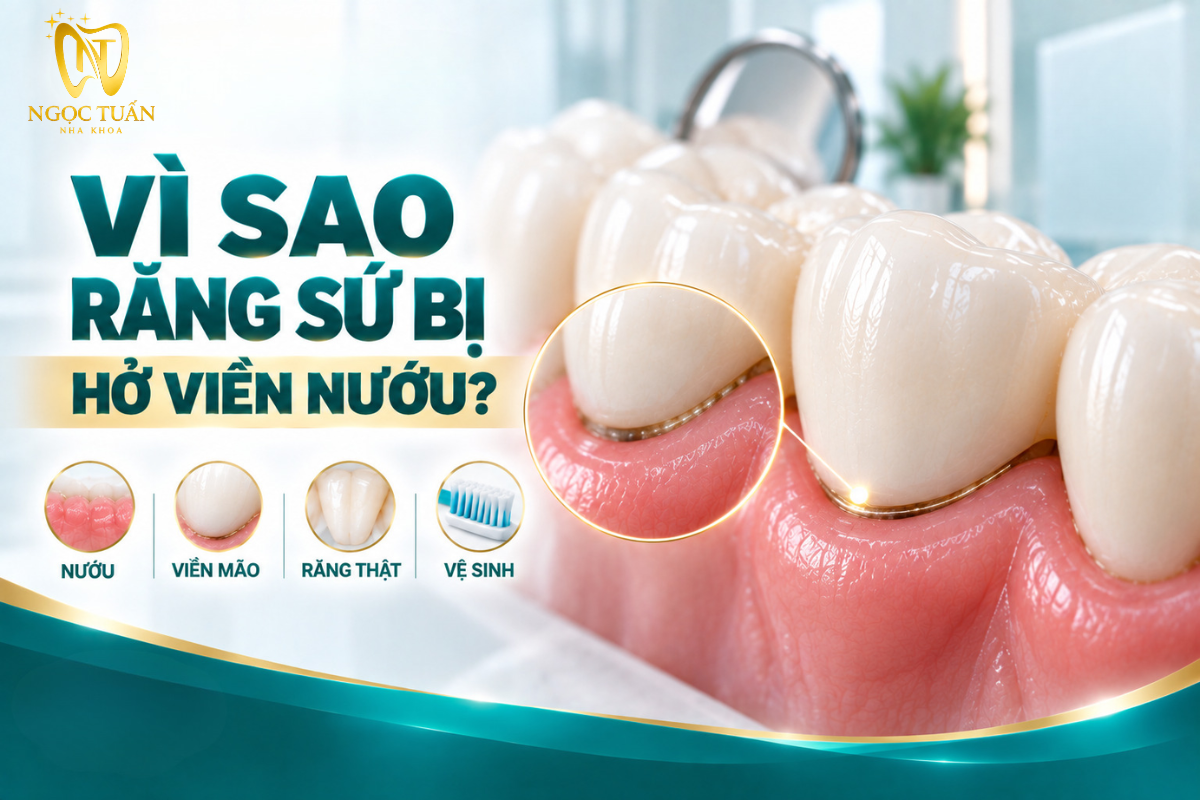 Minh họa tình trạng răng sứ hở vùng chân răng và việc cần kiểm tra nguyên nhân trước khi xử lý.