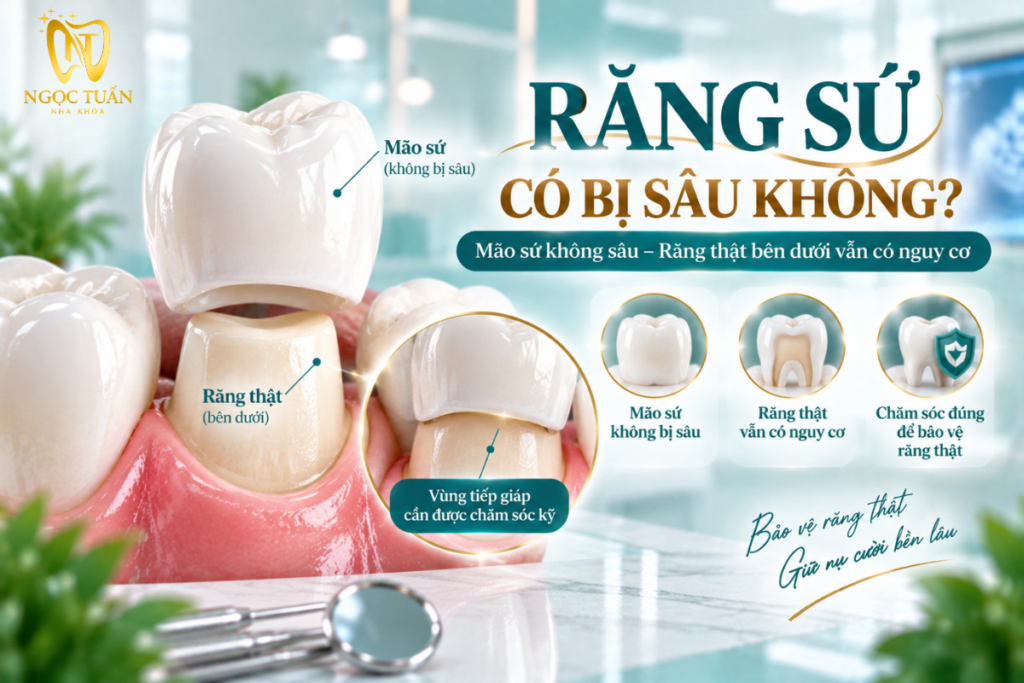 Minh họa răng thật bên dưới mão sứ vẫn có nguy cơ sâu răng dù vật liệu sứ không bị sâu như răng tự nhiên.
