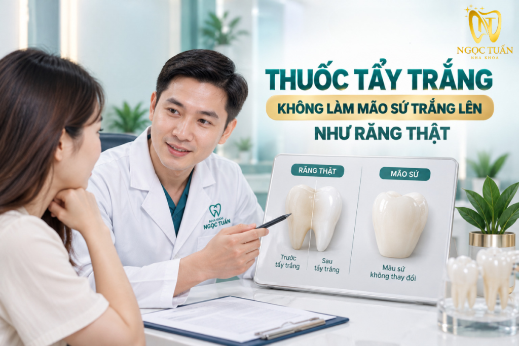 Giải thích khả năng tẩy trắng đối với mão răng sứ và sự khác biệt so với răng tự nhiên.