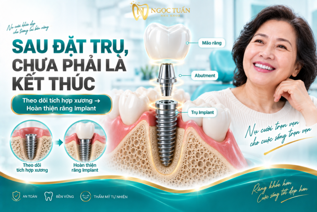 Sau khi đặt trụ Implant, bệnh nhân còn trải qua giai đoạn theo dõi tích hợp xương và hoàn thiện phục hình trên Implant.