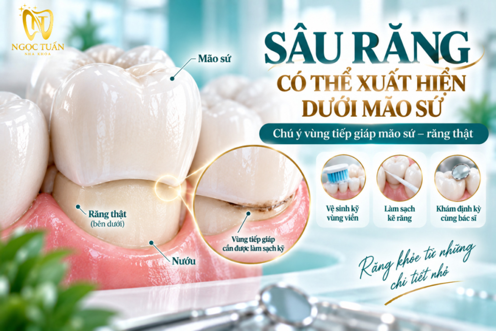 Vùng tiếp giáp giữa mão sứ và răng thật là khu vực cần được làm sạch và kiểm tra.