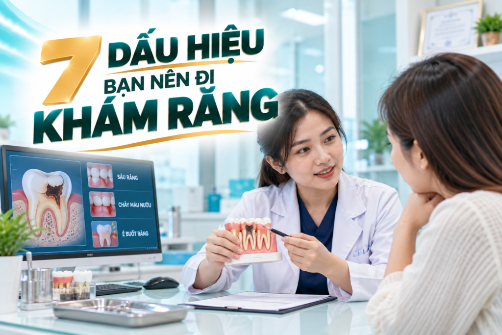 Bảy dấu hiệu nên đi khám nha khoa gồm đau răng, chảy máu nướu, hôi miệng kéo dài, nướu sưng, răng lung lay, răng tổn thương và loét miệng không lành.