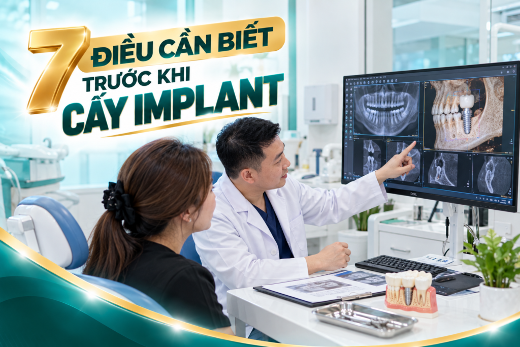 Tìm hiểu bảy yếu tố quan trọng trước khi cấy Implant gồm xương hàm, sức khỏe, loại trụ, quy trình, thời gian, chi phí và chăm sóc.