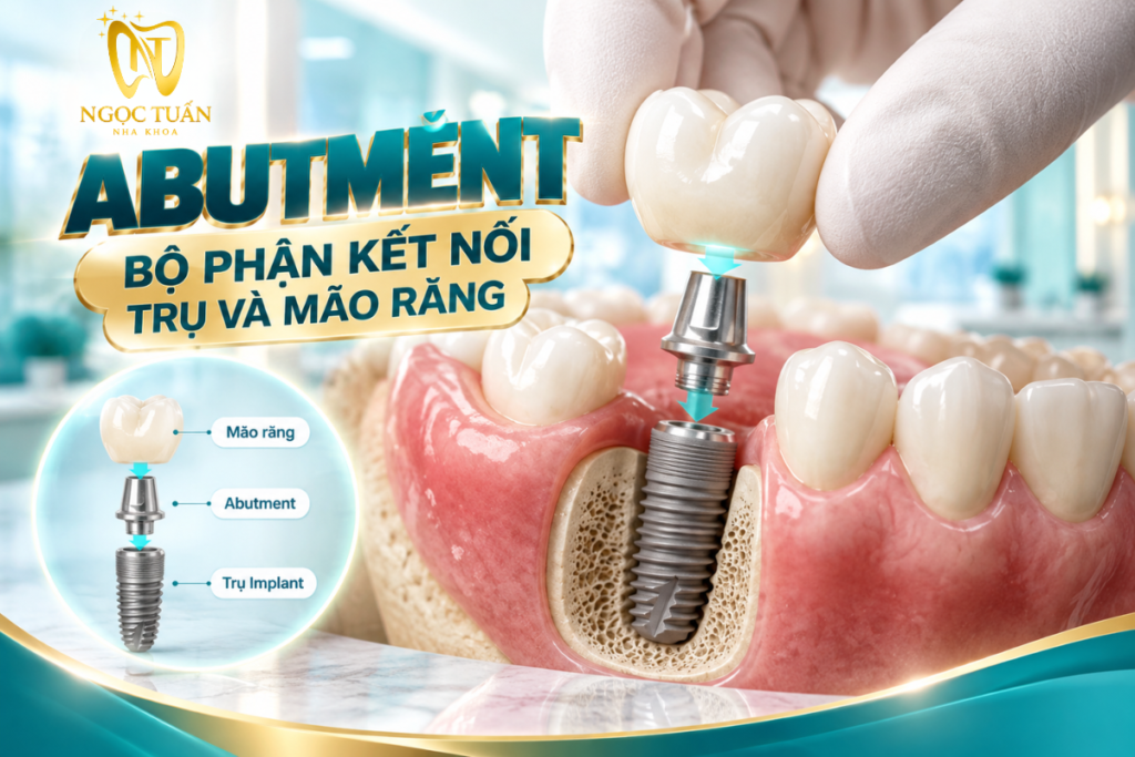 Abutment là bộ phận trung gian kết nối trụ Implant với mão răng hoặc phục hình phía trên.