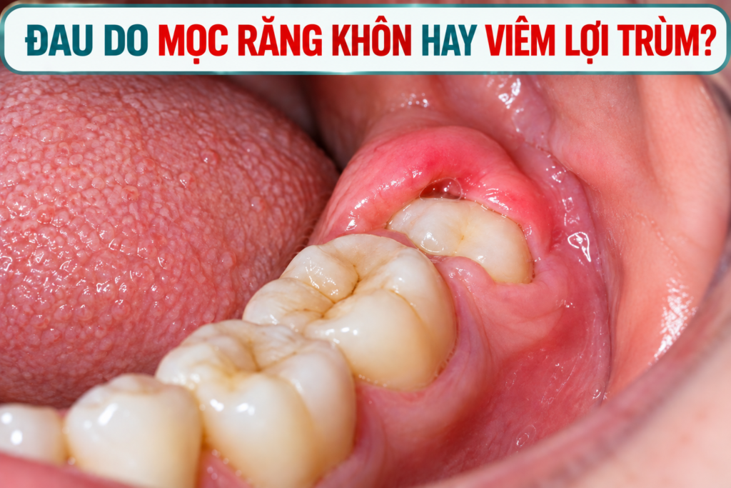 Hình ảnh giúp phân biệt khó chịu khi răng khôn đang mọc với tình trạng viêm mô nướu quanh răng khôn.