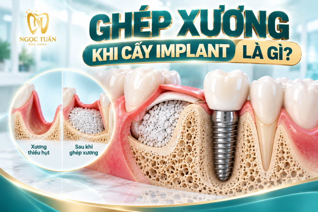 Ghép xương khi cấy Implant hỗ trợ tăng hoặc tái tạo thể tích xương tại vùng thiếu hụt, tạo điều kiện cho kế hoạch đặt trụ phù hợp.